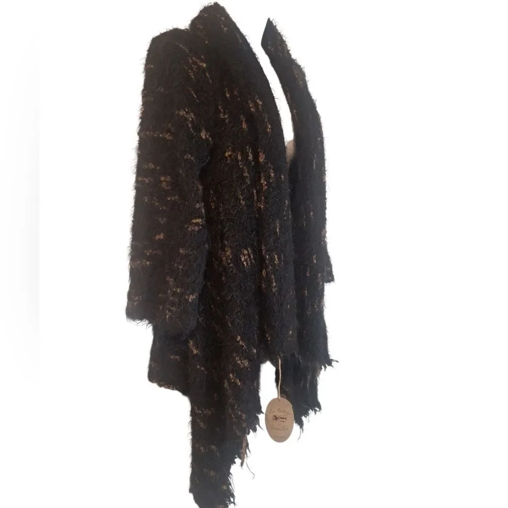 La Bottega di Brunella black/brown fuzzy, furry long sleeve asymetric cardigan